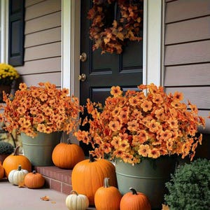Könnte beinhalten: Eine herbstliche Veranda-Szene mit orangefarbenen Kürbissen und grünen Metalleimern voller orangefarbener Blumen. Ein Herbstkranz schmückt die schwarze Eingangstür. Die Dekoration schafft eine warme, einladende Atmosphäre.