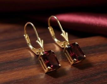 Red Ruby Drop Earrings | Minimalist Gemstone Earrings | 925 Sterling Silver | 14k Yellow Gold Plated | Elegant Gift for Her