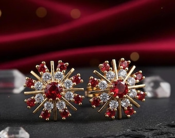 Diamanten oorknopjes granaat | 14K geelgoud verguld | 925 sterlingzilveren push-back-oorbellen | Geboortesteensieraden januari