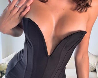 Black Strapless Corset Top and Mesh Draped Mini Skirt Set, Elegant Evening Outfit