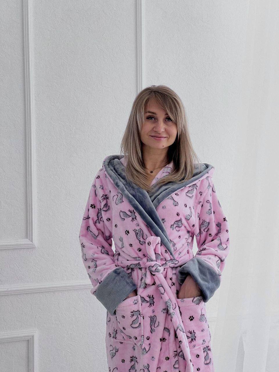 pink and grey dressing gown Fluffy pink dressing gown