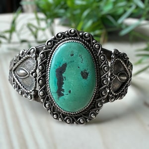 VTG Old Pawn Navajo Cuff Bracelet Sz 6.25 Hearts Carico Turquoise Sterling 29.6g