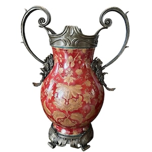 Wong Lee 1895 Vase Porcelain Bronze Handles Red & Gold Tone Floral Ornate 19&quot; H