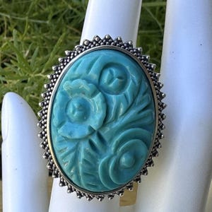 VTG Amy Kahn Russell Sterling Silver Ring Sz 5.75 Floral Carved Turquoise 16.3g
