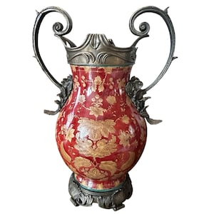 Wong Lee 1895 Porcelain Vase Bronze Handles Floral Red & Gold Tone Ornate 19&quot; H