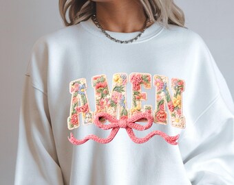 Felpa Amen in filato sintetico, motivo floreale all'uncinetto, comoda felpa con scritta "Fede", regalo religioso cristiano per lei, felpa primaverile con Gesù