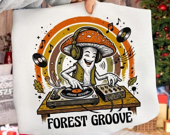 Mushroom DJ PNG: Retro Sunset EDM Rave Festival, psykedelisk elektronisk musik vintage png (digital nedladdning)