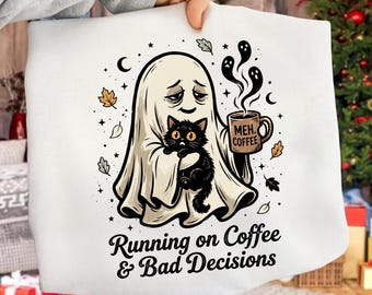 Spökkatt PNG: Spöklik svart katt Halloween-kaffeälskare, söt bu-säsong vintage png (digital nedladdning)