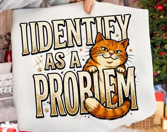 Jag identifierar mig som ett problem PNG: Rolig orange tabbykattmeme, söt kaotisk katthumor png (digital nedladdning)
