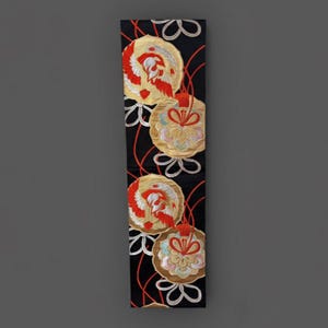 Vintage Japanese Black Obi – Phoenix & Floral Brocade – Elegant Kimono Sash for Display or Wear