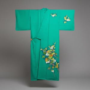 Vintage Japanese Kimono | Fluorescent Green with Dyed Grapevine Motif | Silk | One-of-a-Kind