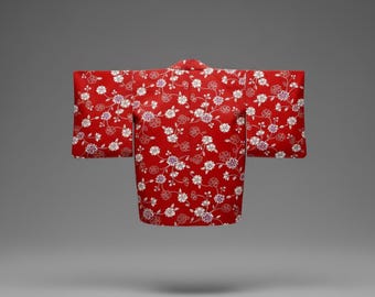 Elegant Red Vintage Haori with Cream Floral Pattern｜Unused with Basting Stitches｜Petite Size｜Ideal for Display or Wear