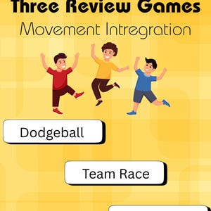 May include: A yellow background with the text "Three Review Games Movement Intregation." Three cartoon figures are jumping. Below are the game names: Dodgeball, Team Race, and 4 Corners.