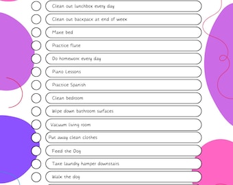 May include: A weekly chore checklist titled "Gracie's Check List" with tasks such as cleaning a lunchbox, making a bed, practicing the flute, and walking the dog. The design features pink and purple abstract shapes. The subtitle reads "Weekly Chores."