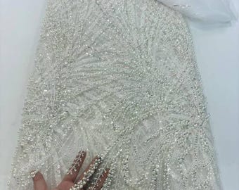 Tela de encaje con cuentas hechas a mano: encaje de malla grueso con cuentas hechas a mano, tela de lentejuelas de cristal premium para bodas, vestidos Aso Ebi y alta costura, 5 yardas