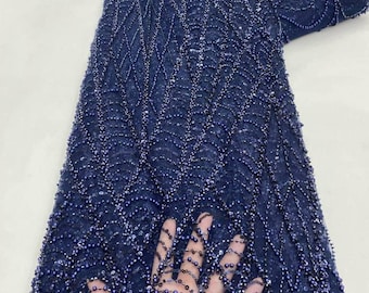 Navy Blue Hand-Beaded Bridal Lace Fabric: Sequin Embellishments (5 Yards)