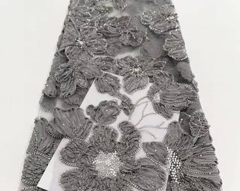 Tela de encaje de tul con lentejuelas y cuentas, malla bordada, 5 yardas, gris.