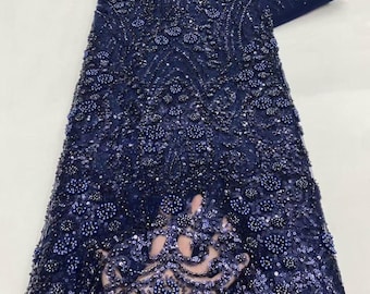 Tela de encaje africano con cuentas, material de encaje francés de lujo, tela para bodas nupciales, encaje nigeriano Aso Ebi, 5 yardas.