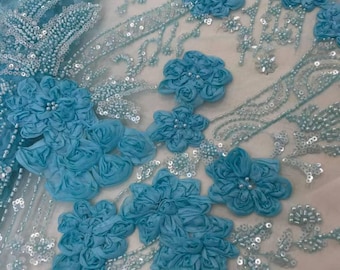 Tela de encaje floral 3D de lujo con cuentas: lentejuelas, tul, apliques de alta costura (5 yardas)