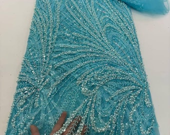 Tela de encaje con cuentas hechas a mano – Material de lujo para vestidos de novia, bodas, Aso Ebi y vestidos de noche, 5 yardas
