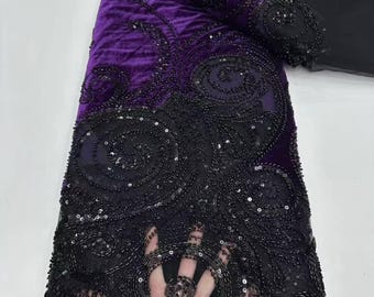 Elegant  Velvet Lace Fabric, Hand-Beaded Wedding Fabric, Designer Couture Fabric, 5 Yards.