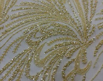 Tela de encaje con cuentas hechas a mano: encaje de malla grueso con cuentas hechas a mano, tela de lentejuelas de cristal premium para bodas, vestidos Aso Ebi y alta costura, 5 yardas