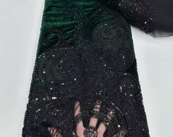 Elegante tela de encaje de terciopelo, tela para bodas con cuentas bordadas a mano, tela de alta costura de diseñador, 5 yardas.