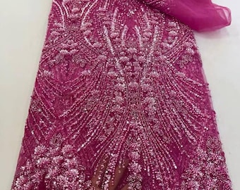 Tela de encaje con lentejuelas y cuentas hechas a mano: 5 yardas para novias y bodas