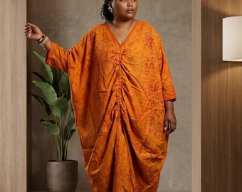 Adire  Crepe Boubou Gown, Adjustable Tie-Rope Kaftan, Matching Scarf (59" Length)