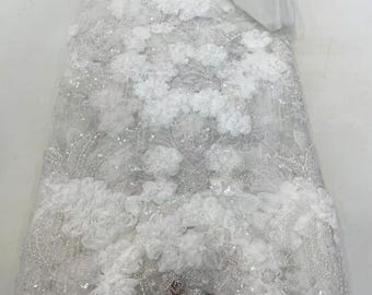 Tela de encaje blanco de lujo para novias, encaje francés para vestidos de novia, elegante encaje con cuentas, tela de alta costura para novias, 5 yardas.