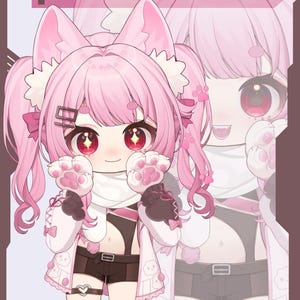 Puede incluir: Ilustración digital de un personaje de anime con pelo rosa, orejas de gato y guantes con forma de pata. El personaje lleva una bufanda blanca, una chaqueta rosa y blanca y pantalones cortos marrones. El texto "premade model" está en la parte superior.