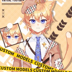 May include: A digital illustration of an anime-style character with blonde hair, blue eyes, and cat ears, wearing a beret and a brown jacket. The image includes the text "VIRTUAL YOUTUBER" and "CUSTOM MODELS".