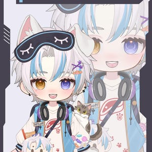 May include: Cartoon illustration of a character with white and blue hair, wearing a blue jacket and headphones. The character has different coloured eyes and a sleep mask. The image includes the text "premade model".