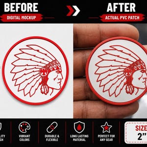 May include: A circular PVC patch featuring a red embossed graphic of a person wearing a feathered headdress on a white background. The patch has a red border and measures 2 inches tall as indicated by the text and measurement lines.