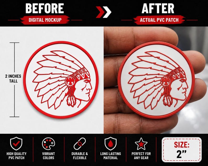 May include: A circular PVC patch featuring a red embossed graphic of a person wearing a feathered headdress on a white background. The patch has a red border and measures 2 inches tall as indicated by the text and measurement lines.