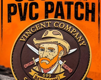May include: A circular PVC patch featuring a cartoon illustration of a bearded person in a hat with two crossed swords behind them. The text reads VINCENT COMPANY, 699 BATTALION, and 551 BRIGADE. The patch has a brown background with gold trim.