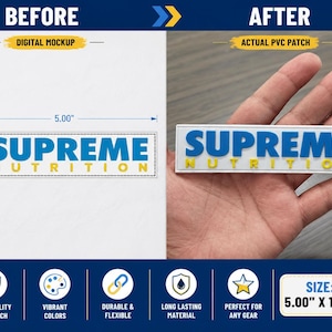 May include: A rectangular PVC patch featuring the text SUPREME in large blue letters and NUTRITION in smaller yellow letters on a white background. The patch measures 5.00 inches by 1.25 inches as indicated by the digital mockup.