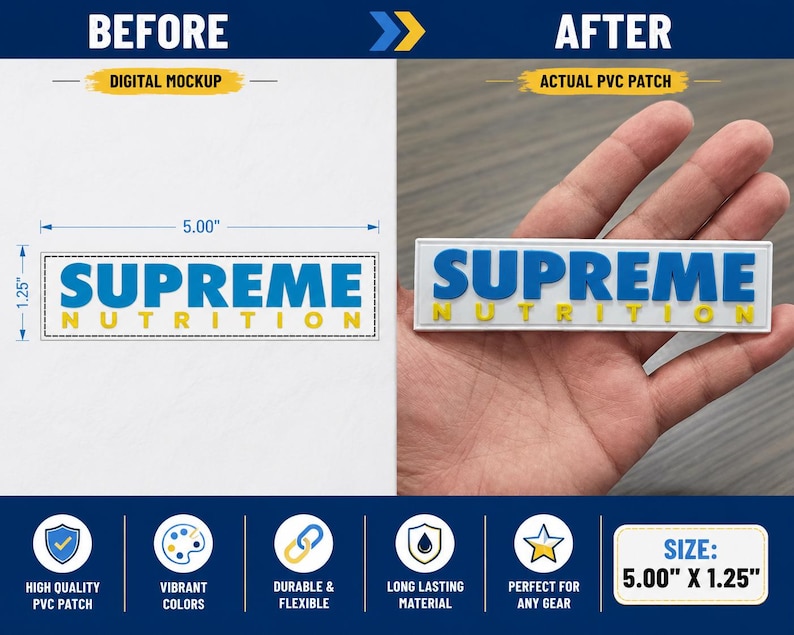 May include: A rectangular PVC patch featuring the text SUPREME in large blue letters and NUTRITION in smaller yellow letters on a white background. The patch measures 5.00 inches by 1.25 inches as indicated by the digital mockup.