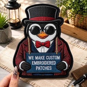 May include: An embroidered patch featuring a penguin wearing a black top hat with a red band, round sunglasses, and a red bow tie. The penguin wears a dark red jacket and holds a blue sign with the white text WE MAKE CUSTOM EMBROIDERED PATCHES.