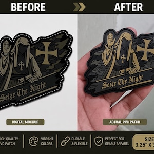 May include: A PVC patch measuring 3.25 inches by 3.00 inches featuring a hooded figure with a raised hand, a cross emblem, and the text Seize The Night. The design uses black, gray, and tan colors with a camouflage background pattern.