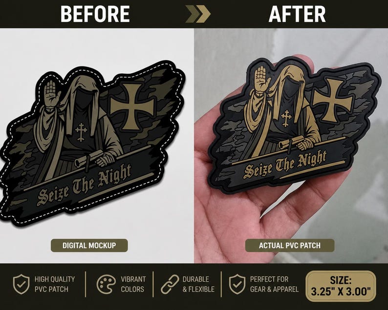 May include: A PVC patch measuring 3.25 inches by 3.00 inches featuring a hooded figure with a raised hand, a cross emblem, and the text Seize The Night. The design uses black, gray, and tan colors with a camouflage background pattern.