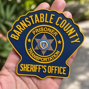 May include: A navy blue and yellow Barnstable County Sheriff's Office patch. The patch has a scalloped edge and features the words "Barnstable County", "Prisoner Transportation", and "Sheriff's Office" in yellow lettering. A star and badge are in the center.