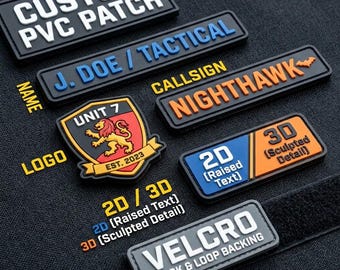 May include: A collection of rectangular and shield-shaped PVC patches with raised lettering and graphics. Text includes CUSTOM PVC PATCH, J. DOE / TACTICAL, CALLSIGN NIGHTHAWK, UNIT 7 EST. 2023, 2D (Raised Text), 3D (Sculpted Detail), and VELCRO HOOK & LOOP BACKING.