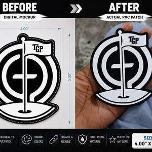 May include: A black and white PVC patch featuring a golf hole with a flag displaying the text TGP, set against a circular target design. The patch measures 4.00 inches by 5.00 inches as indicated by the digital mockup dimensions.