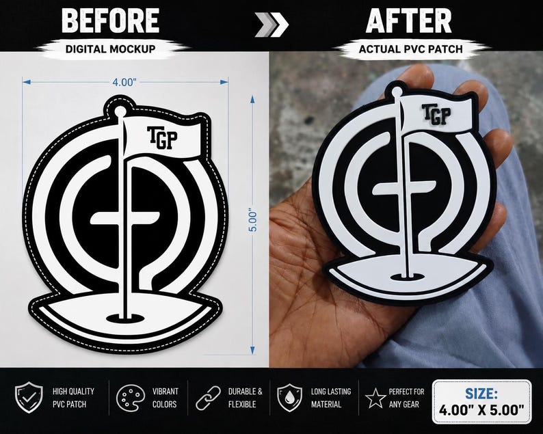 May include: A black and white PVC patch featuring a golf hole with a flag displaying the text TGP, set against a circular target design. The patch measures 4.00 inches by 5.00 inches as indicated by the digital mockup dimensions.