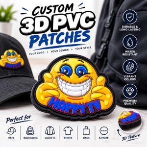 May include: A custom 3D PVC patch featuring a yellow smiley face character with blue eyes and a wide grin, displaying the text HAPPY TV in blue letters. The patch has a black border and a raised texture, shown alongside a black cap and backpack.