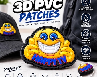 May include: A custom 3D PVC patch featuring a yellow smiley face character with blue eyes and a wide grin, displaying the text HAPPY TV in blue letters. The patch has a black border and a raised texture, shown alongside a black cap and backpack.