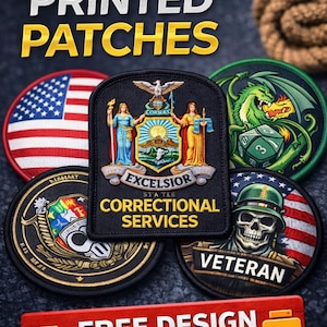 Puede incluir: Una colección de parches bordados circulares y en forma de escudo con varios diseños, incluyendo el sello del estado de Nueva York con el texto 'EXCELSIOR CORRECTIONAL SERVICES', una bandera de EE. UU., un dragón verde, una calavera y un emblema de veterano.