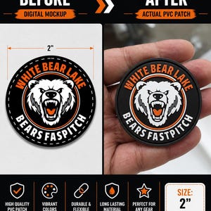 May include: A circular PVC patch measuring 2 inches in diameter, featuring a black background with an orange border. The design displays a white bear head with an open mouth and the text White Bear Lake Bears Fastpitch in orange.