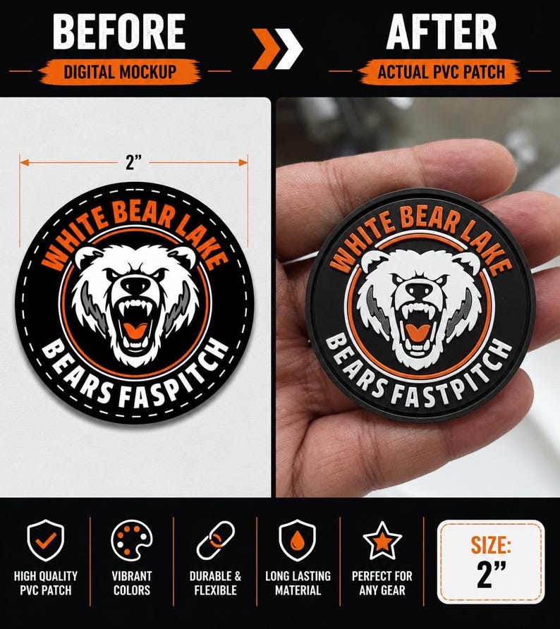 May include: A circular PVC patch measuring 2 inches in diameter, featuring a black background with an orange border. The design displays a white bear head with an open mouth and the text White Bear Lake Bears Fastpitch in orange.